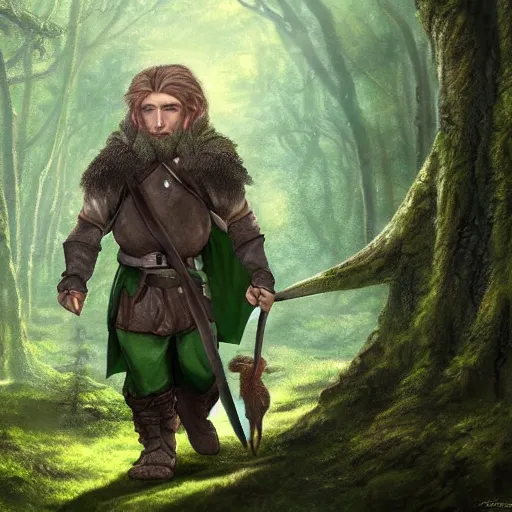 Image similar to a clean shaven rugged warrior hobbit in leather armor with very short hair and a dark green cloak and dark green hood and his pet dragon hiking through the forest, trending on artstation, realistic, detailed, by Tony Sart