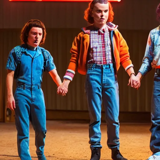 Prompt: Jeffery star in stranger things holding hands with mike