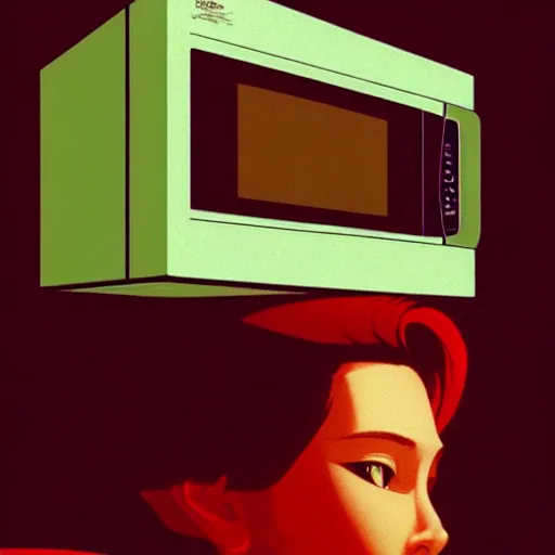 Image similar to a mint condition microwave, from the eighties, from japan, beautiful and aesthetic, close up, intricate, highly detailed, sleek face, smooth, sharp focus, specular light, occlusion shadow, rim light, artgerm, artstation, art by greg rutkowski and ilya kuvshinov and salvador dali, fantasy illustration