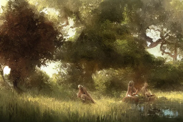 Image similar to adam and eve next to a tree and a lake, digital painting by craig mullins, by mattias adolfsson,