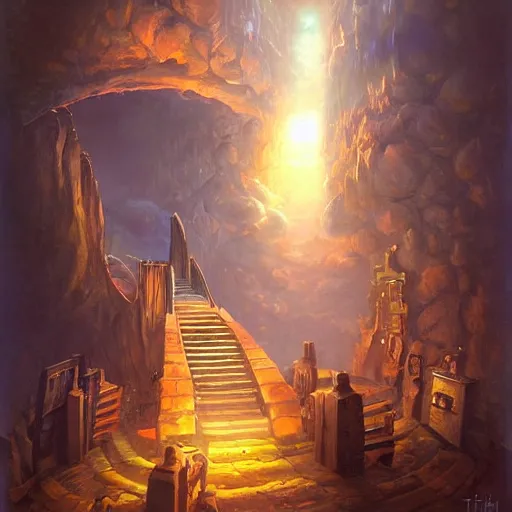 Prompt: the black boy opened a steampunk portal to the stairway to heaven, by tyler edlin, oil on canvas volumetric lighting