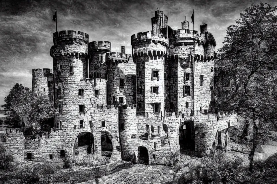 Prompt: a castle made out of letters, black and white photography