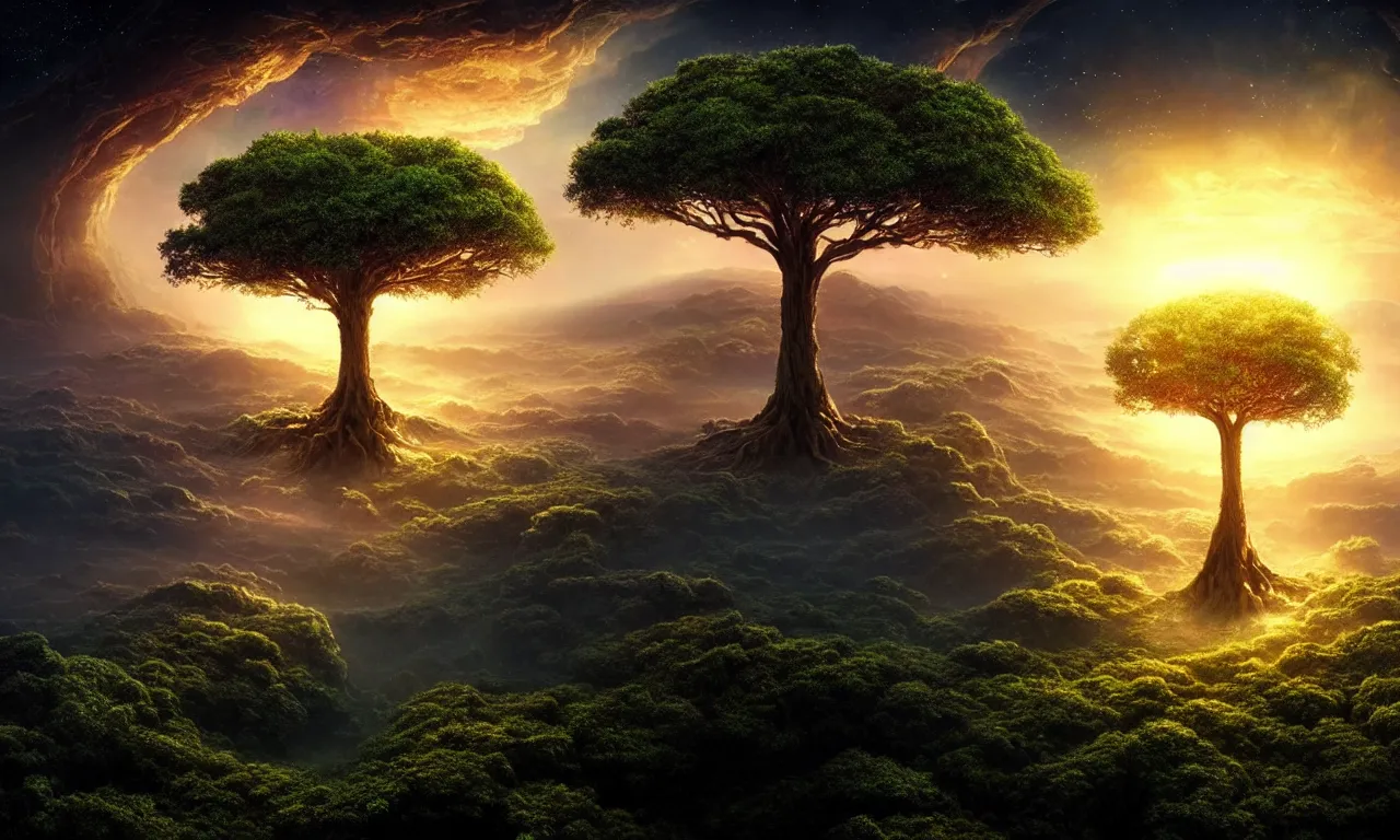 Prompt: godly tree of life seen from outer space engulfs the earth closeup macro upscale, cinematic view, epic sky, detailed, concept art, low angle, high detail, warm lighting, volumetric, godrays, vivid, beautiful, trending on artstation, by jordan grimmer, huge scene, grass, art greg rutkowski