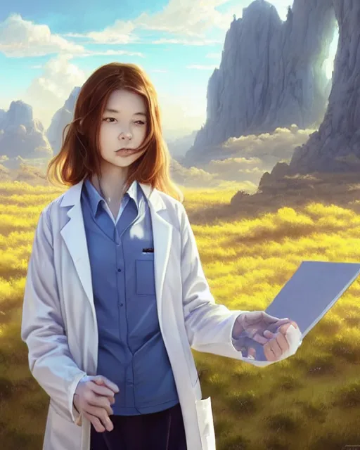 Image similar to concept art of a girl scientist hold a clipboard, wearing a tight labcoat, standing infront of a large window with an alien landscape in the distance | | cute - fine - fine details by stanley artgerm lau, wlop, rossdraws, james jean, andrei riabovitchev, marc simonetti, and sakimichan, trending on artstation