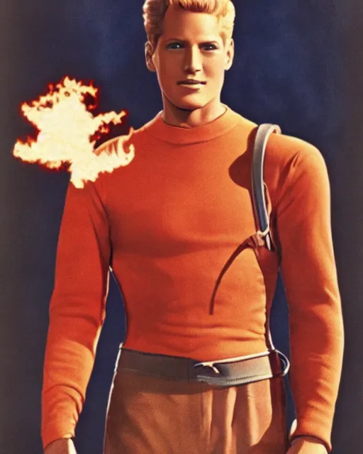 Image similar to Young Paul Newman starring as Johnny Storm, The Human Torch from The Fantastic Four Movie, Color, Modern