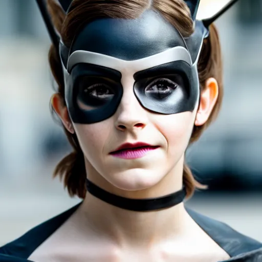 Image similar to Emma Watson as Catwoman, Fujifilm X-T3, 1/1250s at f/2.8, ISO 160, 84mm, 8K, RAW, symmetrical balance, Dolby Vision