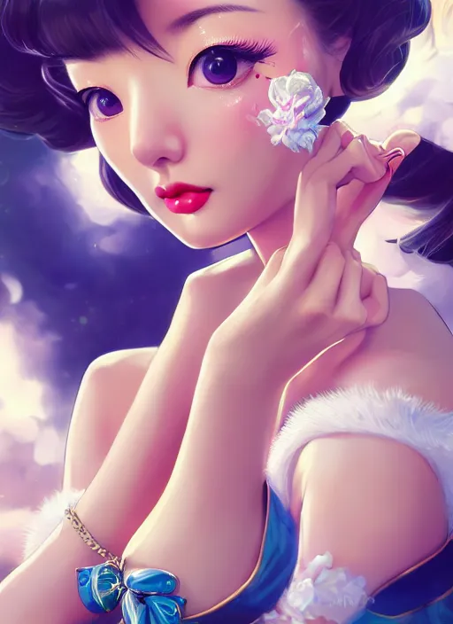 Image similar to a pin up and beautiful fashion dreamlke japan girl with lv jewelry, character art, art by artgerm, wlop, loish, hyperdetailed, 8 k realistic, symmetrical, global illumination, radiant light, frostbite 3 engine, cryengine, dof, trending on artstation, digital art, chanel, dior, detailed background