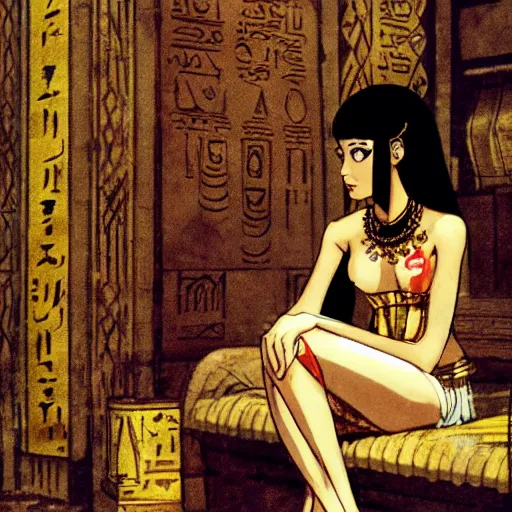 Image similar to Cleopatra of Egypt in her palace, relaxed and candid, anime portrait by Satoshi Kon and Yoji Shinkawa