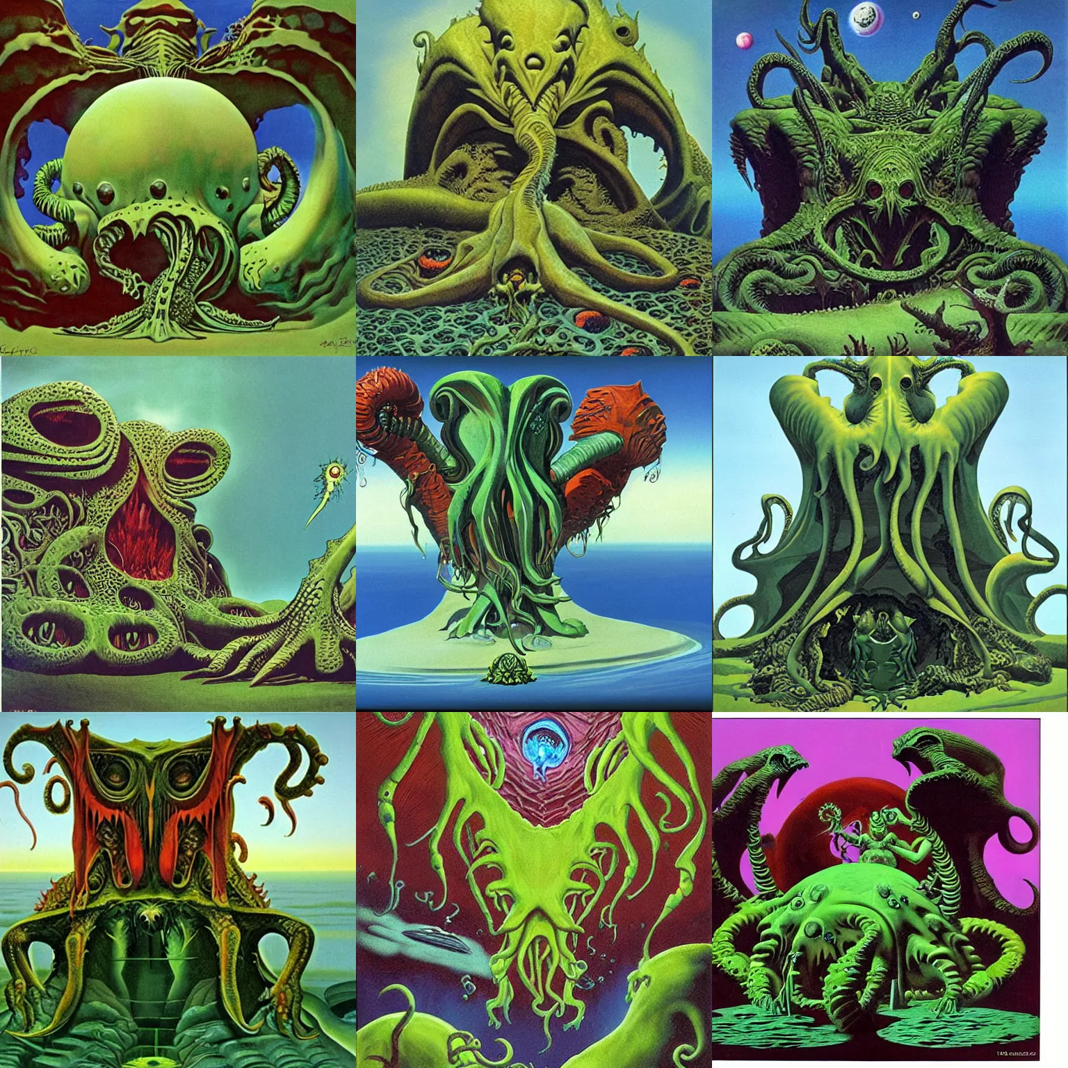 Prompt: art by roger dean. cthulhu eating of the universe