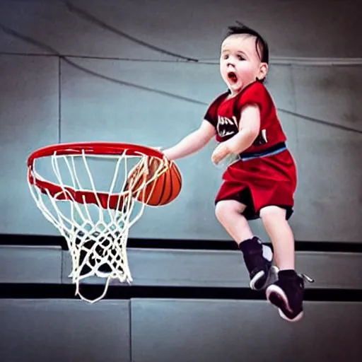 Image similar to a baby dunking a basketball, dramatic action photography, epic shot