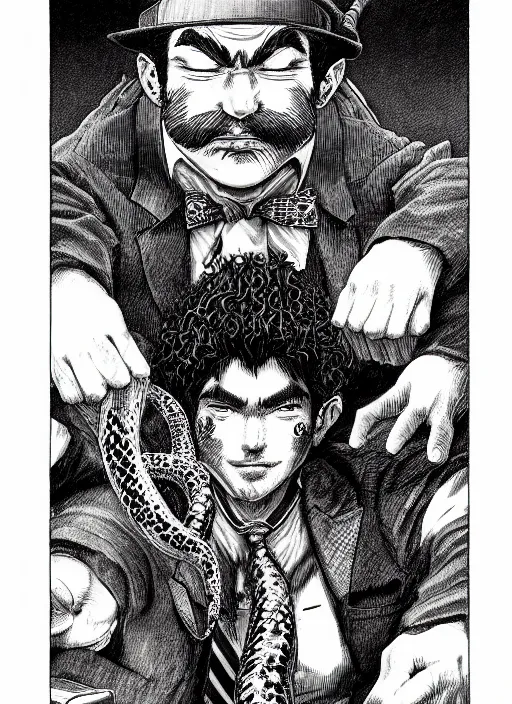 Prompt: portrait of a snake oil salesman by Kentaro Miura, it idn't greasy