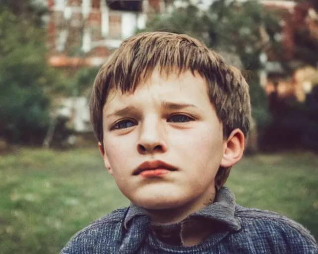 Image similar to a lomographic portrait photo of soviet boy in soviet yard in small town, bokeh