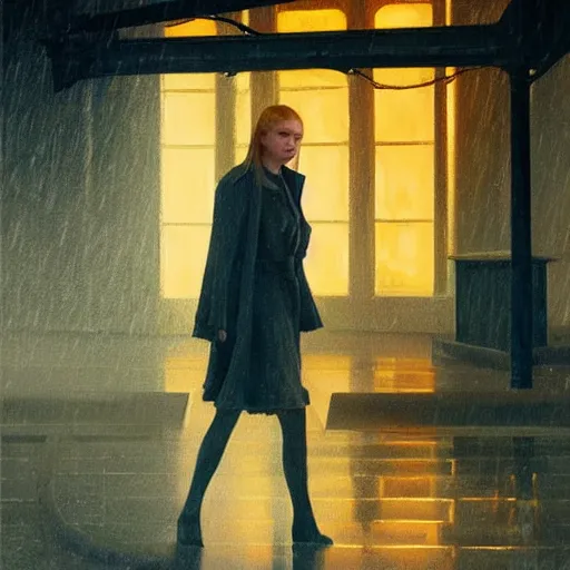 Image similar to Elle Fanning in Dark Souls in the world of Edward Hopper, stormy snowy weather, streetlights, extremely detailed masterpiece, oil on canvas, low-key neon lighting, artstation, Blade Runner 2049, Roger Deakin’s cinematography, by J. C. Leyendecker and Peter Paul Rubens,