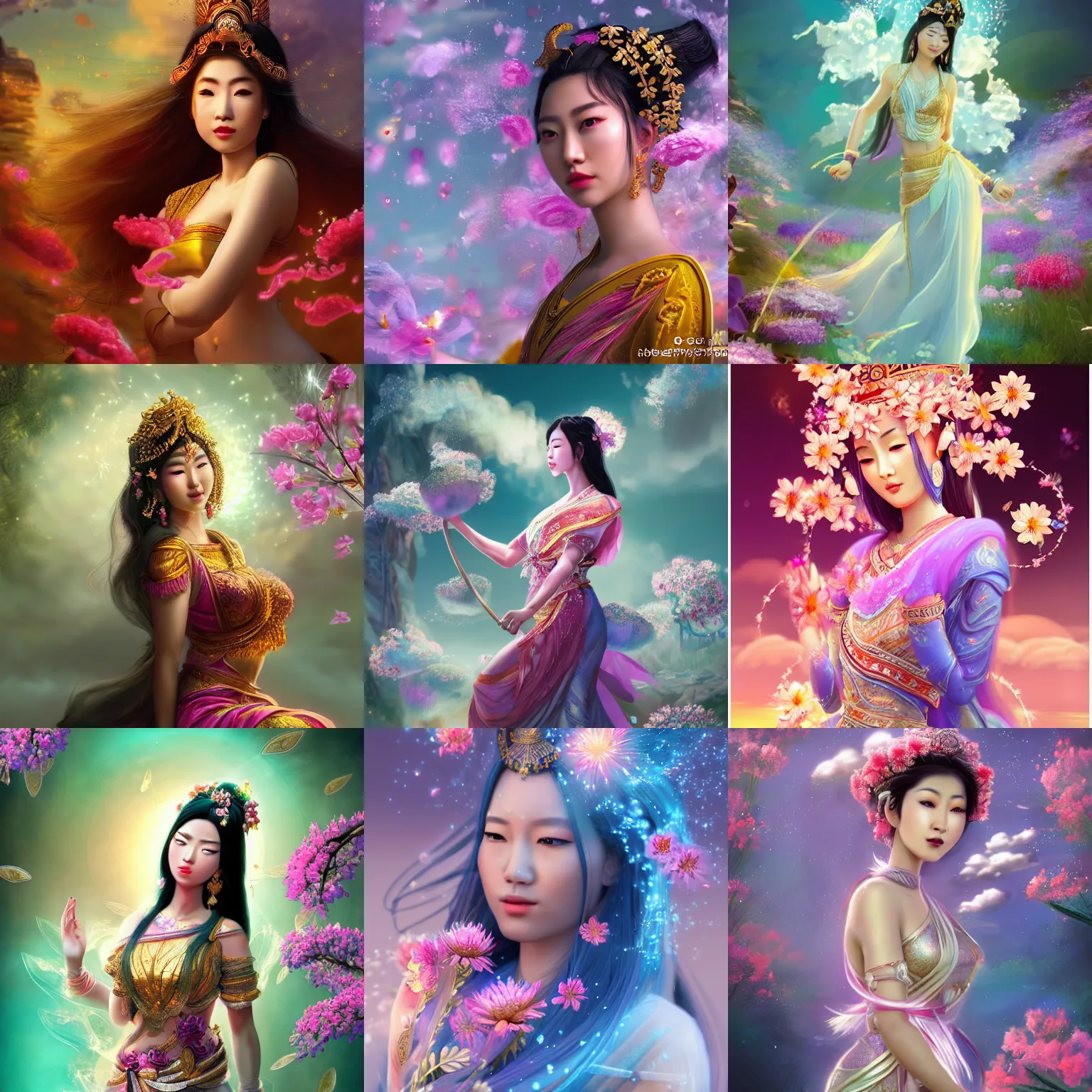 Prompt: a beautiful female asian goddess of the flowers character, character is in all its glory, character is in her natural relaxed pose, rim lights, particles and dust in the air, fancy clouds, highly detailed professional photo, dynamic lights, particles are flying, depth of field, trending on artstation, professional illustration, hyper realistic, v-ray caustics, super detailed, colorful accents, cinematic shot