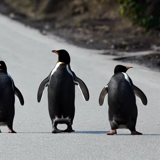 Prompt: penguins in bandanas walking across the road