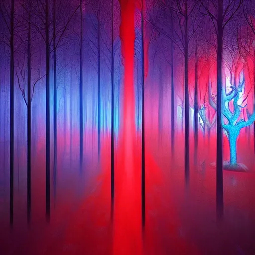 Prompt: portrait of an ethereal forest made of blue and red light, divine, cyberspace, mysterious, dark high-contrast concept art