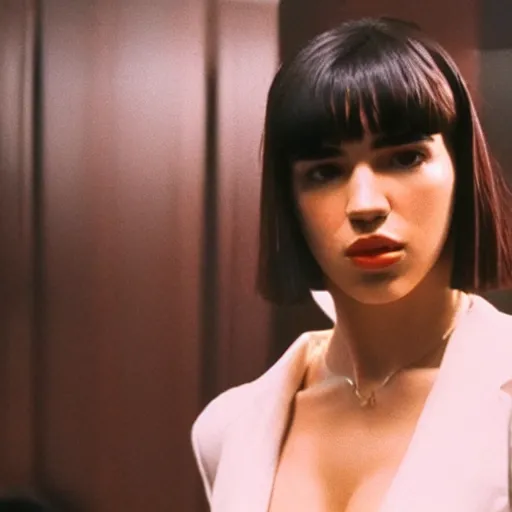 Image similar to Live Action Still of Dua Lipa in Pulp Fiction, real life, hyperrealistic, ultra realistic, realistic, highly detailed, epic, HD quality, 8k resolution, film still