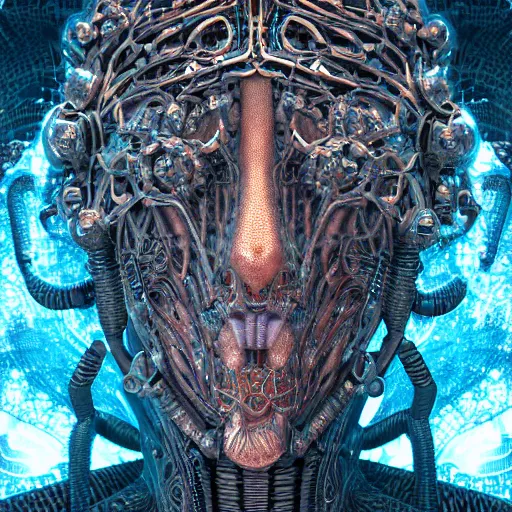 Prompt: cybernetic deity with neural network mind tripping on acid, intricate detail, royo, whealan, giger, klimt, hd, octane render, unreal engine,