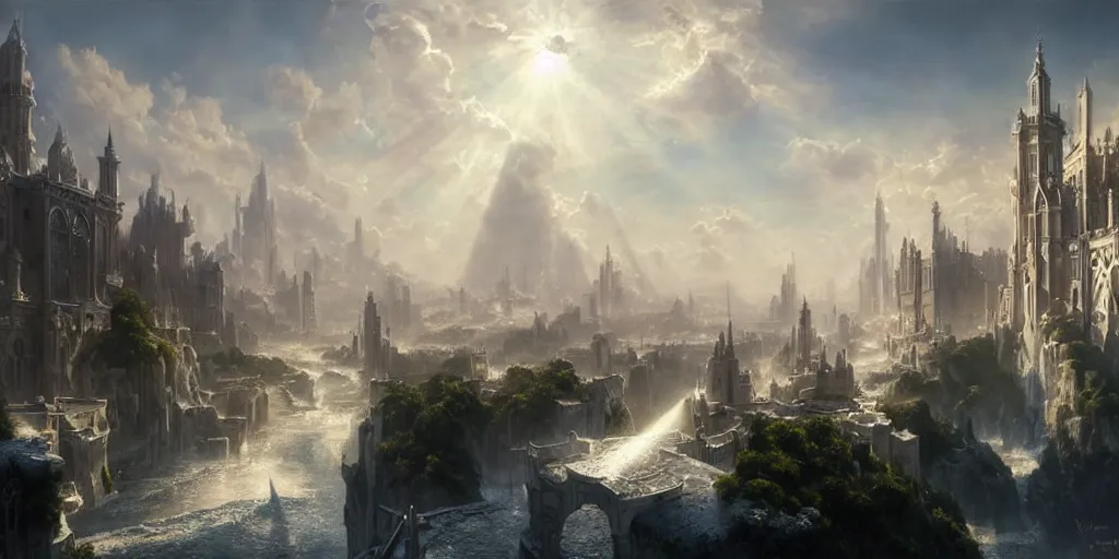 Image similar to beautiful fantasy city made from white stone and bright copper, medieval city, metropolis, magic, waterways, waterfalls, gorgeous clouds, white marble, god rays, digital art, landscape, fantasy art, octane render, ureal engine, high detail, very realistic, by greg rutkowski. by james gurney