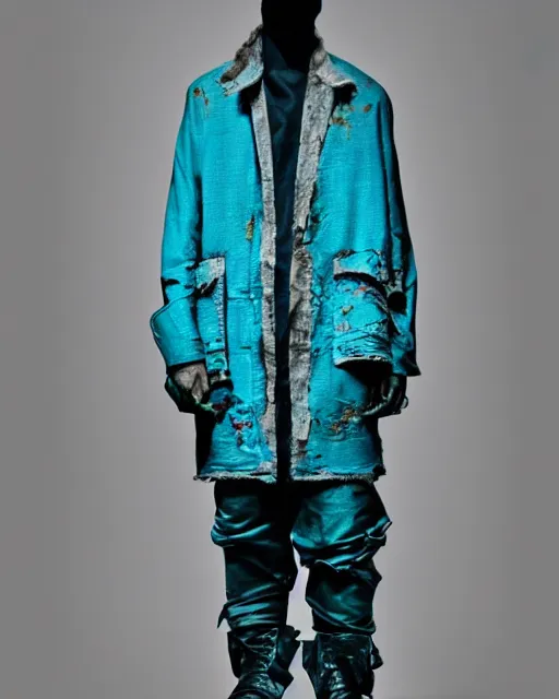 Prompt: pencil sketch of a male model wearing a baggy teal distressed medieval menswear moto jacket by issey miyake, 4 k, studio lighting, wide angle lens