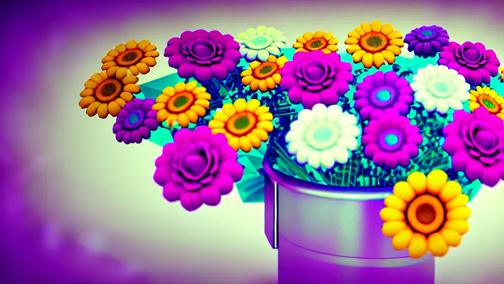 Image similar to bouquet of flowers on a mechanical surface y2k xeroxed image octane render sharpening