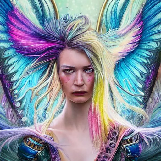 Image similar to A princess with rainbow wings and rainbow hair. complex hyper-maximalist over-detailed beautiful but terrifying, cinematic cosmic scifi portrait of an elegant very attractive but wild and dangerous witch anthropomorphic female warrior god by andrei riabovitchev, tomasz alen kopera, oleksandra shchaslyva alex grey and bekinski. Fantastic realism. Volumetric soft green and red lights. Ominous intricate. Secessionist style ornated portrait illustration. Unreal engine 5. Focus on face. Artstation. Deviantart. 8k 4k 64megapixel. Cosmic horror style. Rendered by binx.ly. coherent, hyperrealistic, lifelike textures and only one face on the image.