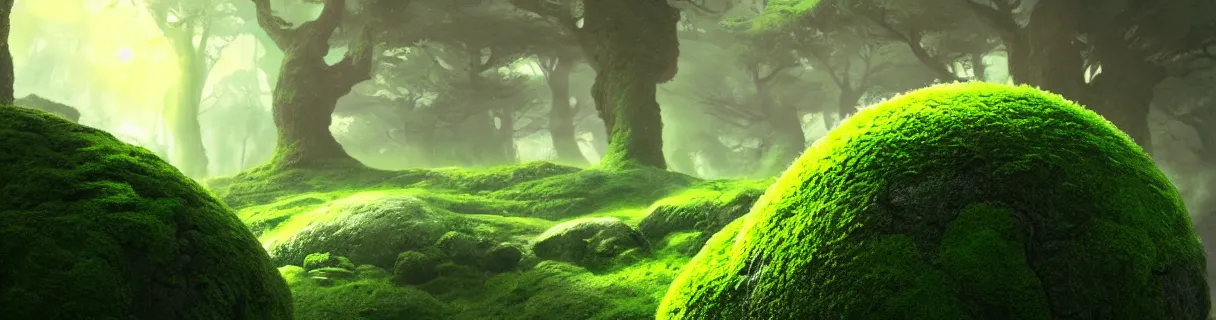 Image similar to closeup magic protection stone sphere covered with moss, in gentle green dawn light, eyvind earle, studio ghibli painting, cinematic lighting, volumetric lighting, smooth, sharp focus, highly detailed, render in unreal engine 5, artstation, deviantart, behance, trending, epic composition, octane, light rays, award - winning