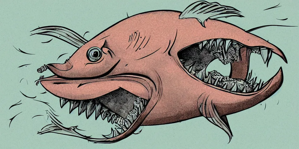 Image similar to illustration of an angler fish, deep sea, large mouth filled with pointed teeth, stylized linework, ornamentation, artistic, muted color wash