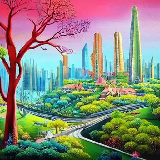 Image similar to Beautiful city of the future in harmony with nature. Nice colour scheme, soft warm colour. Beautiful painting by Lurid. (2022)