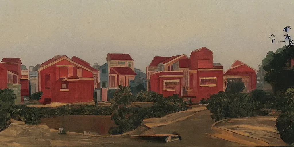 Image similar to In the foreground is a small red house, and in the background is the smoky Oriental Pearl City of Shanghai, George Ault painting style.