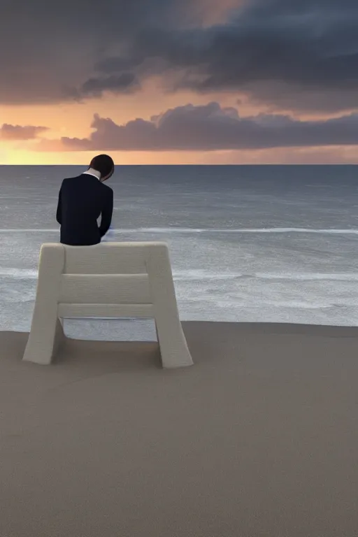 Prompt: Emmanuel Macron sitting on the beach looking to the sea at sunrise, concept art, octane render, unreal engine 5, trending on Artstation, high quality, highly detailed, 8K, soft lighting, godrays, path tracing, serene landscape, turbulent sea, high coherence, anatomically correct, hyperrealistic, sand, beautiful landscape, cinematic, rain in the sky