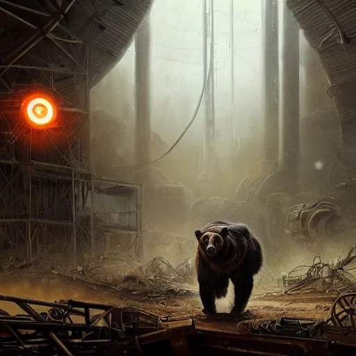 Image similar to a steampunk cyborg grizzly bear with laser eyes walking in a wasteland, abandoned barn in the background, collapsed water tower, painting by Greg Rutkowski, Felix Kelly and Syd Mead, high detail, atmospheric lighting, matte painting, light and shadow, octane render, artstation trending, 4k UHD