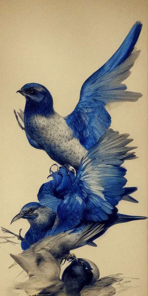 Image similar to highly detailed beautiful photography of birds, sharp focus, dramatic, dynamic, lighting, elegant, blue background, harmony, beauty, masterpiece, by roberto ferri, by durero, pencil draw