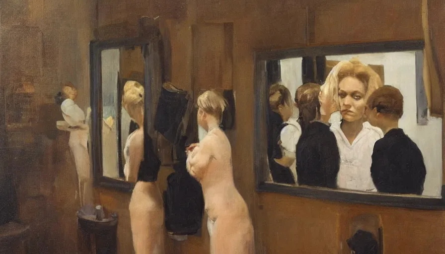 Image similar to painting by borremans, man back standing in front on the mirror in opera theatre and blond hairs woman with fish tank, detailed, stunning