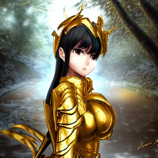 Prompt: portrait focus of beautiful knight 3D anime girl, golden armor wearing, dark forest background, snowing, bokeh, inspired by Masami Kurumada, digital painting, high contrast, unreal engine render, volumetric lighting, high détail