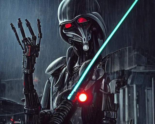 Image similar to photo of general grievous with 4 hands holding 4 activated lightsabers in the rain. cyberpunk horror style. highly detailed 8 k. intricate. nikon d 8 5 0 5 5 mm. award winning photography. art by hr giger