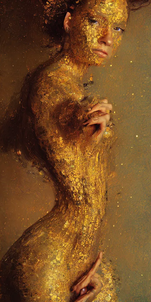 Image similar to an intricate portrait painting of an artistic pose young beautiful lady covered in klimt golden motives and textures, hyper - detailed, octane render, vivid colors, artstation, by jeremy mann, by gustav klimt