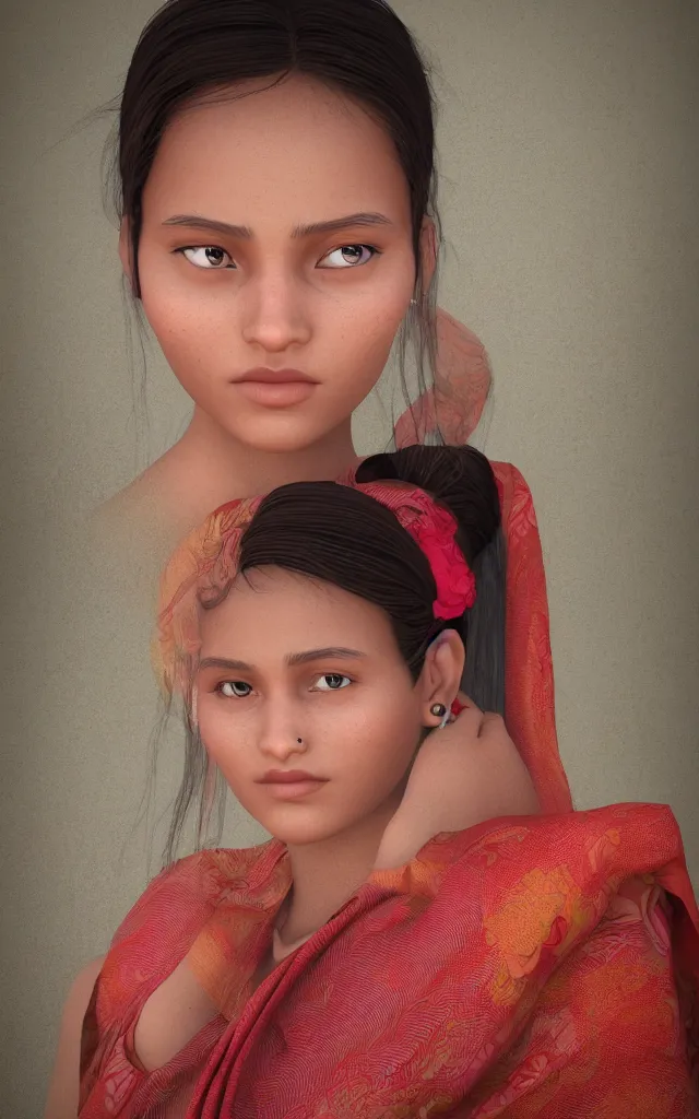 Prompt: Portrait of a beautiful teen Assamese girl, cute face, wearing bihu dress mekhela sador, by charlie bowater, beauty expressive pose, but as a photograph, photorealism, daz3d genesis iray render, cinematic lighting, HDRI, 8k textures