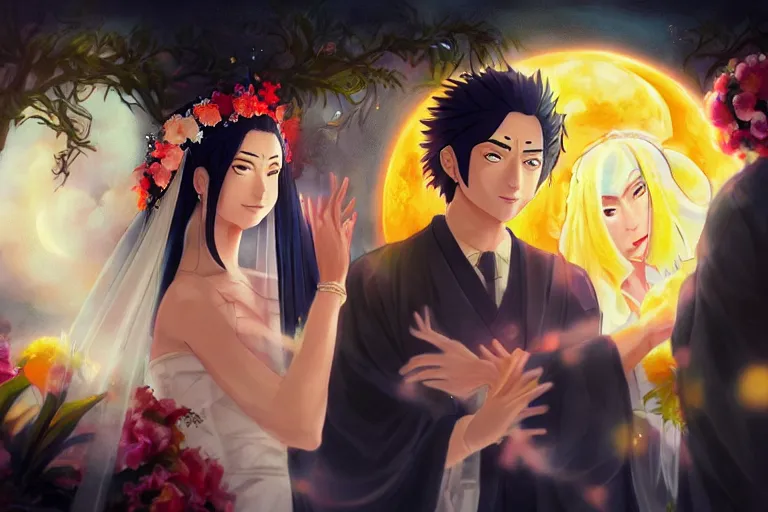 Image similar to a cinematic portrait of wedding photograph jpeg close up moment of a divine a japan sun god and moon goddess lovers magician at a wedding banquet. portraiture. digital painting. artstation. concept art. wedding photo. digital painting. naruto the movie art masterpiece by art by krenz cushart