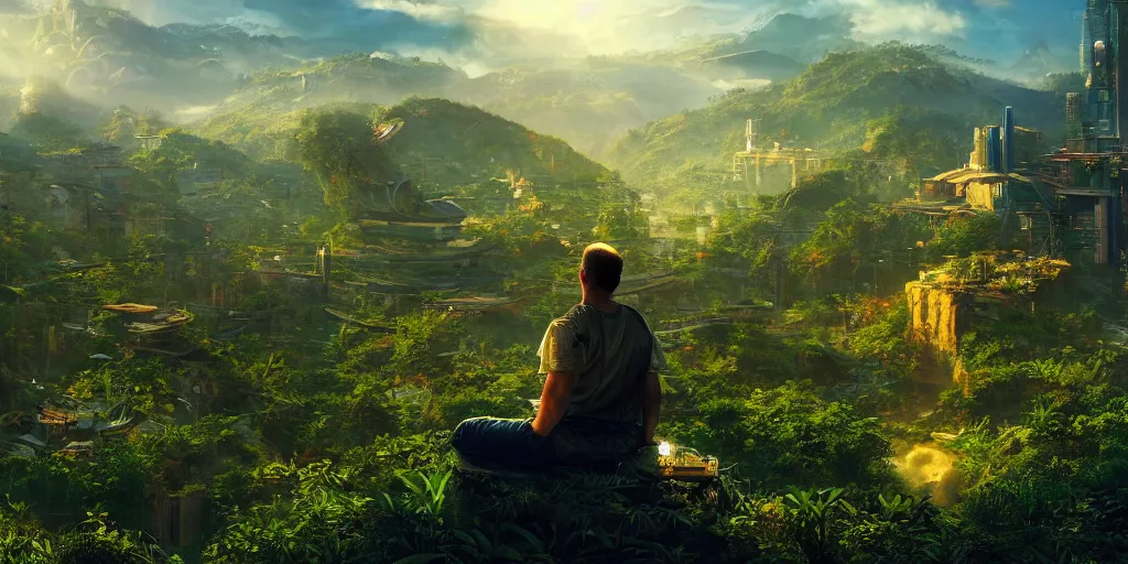 Image similar to a cinematic composition depicting : a computer run solarpunk civilization encroaching on a degrading cyberpunk world, on top of the mountain a man sits in a lotus pose overlooking a hopeful and lush foresty solarpunk valley at sunrise