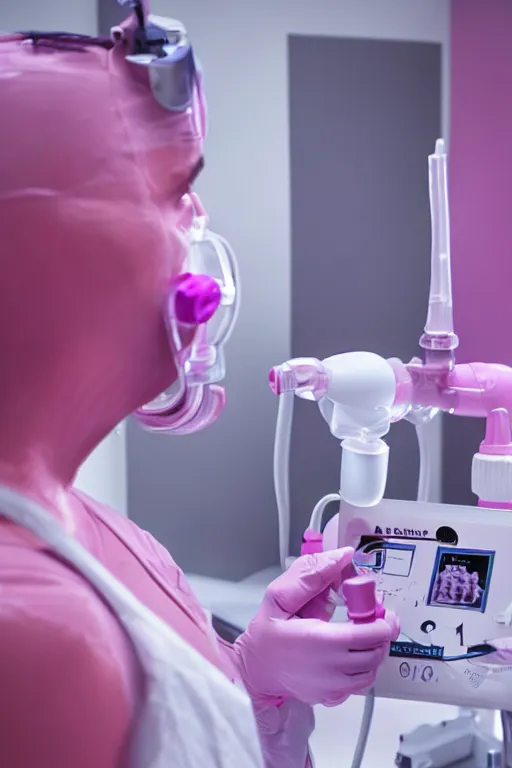 Image similar to an anesthesia machine pumping pink vapor into an oxygen mask, photorealistic, detailed