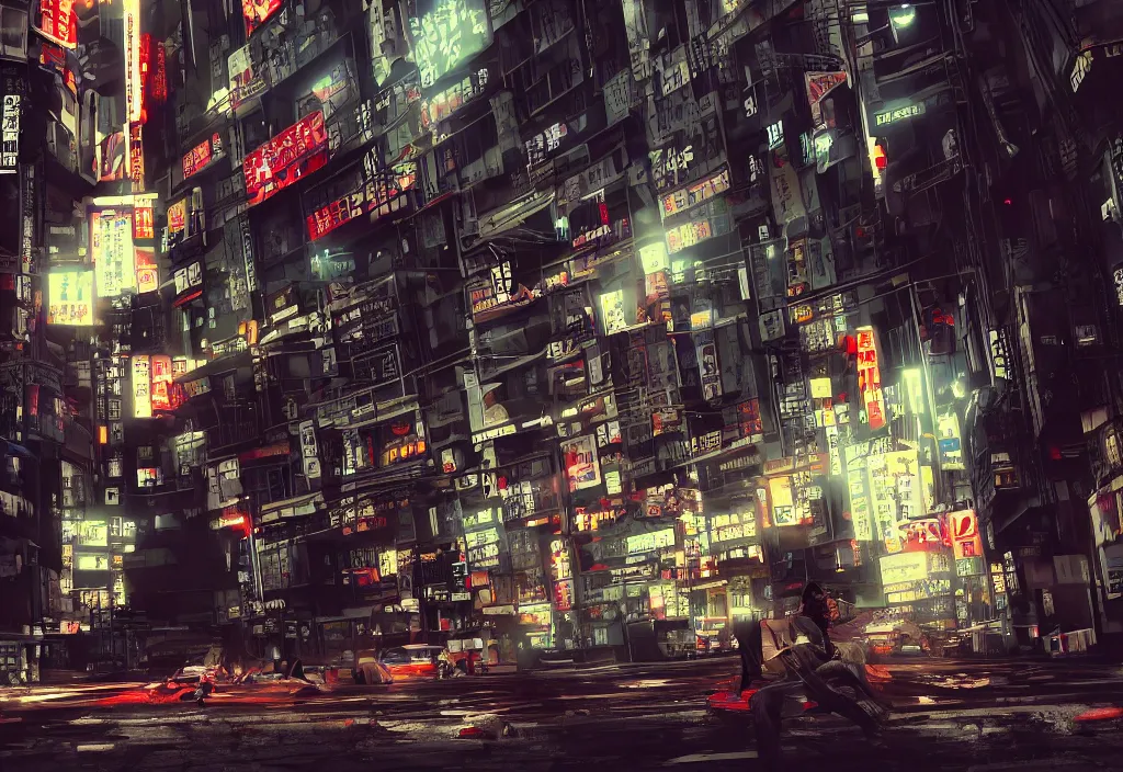 Prompt: film produced by madhouse and directed by takeshi koike tokyo streets cyberpunk style max payne blood trending on artstation cinematic realistic buildings windows cars peoples detailed golden ratio awesome composition color balance harmony physical correct light shadows octnae render 8 k highly detaled photography urban architecure