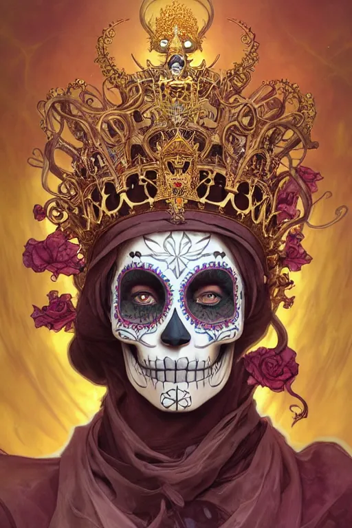 Prompt: sugar skull, a golden crown floating above his head, tentacles coming out the ground art by Artgerm and Greg Rutkowski and Alphonse Mucha and Craig Mullins and James Jean and Andrei Riabovitchev and Marc Simonetti and peter mohrbacher, sharp focus, ominous, cosmic horror, trending on artstation, Ultra detailed, hyper realistic 4k