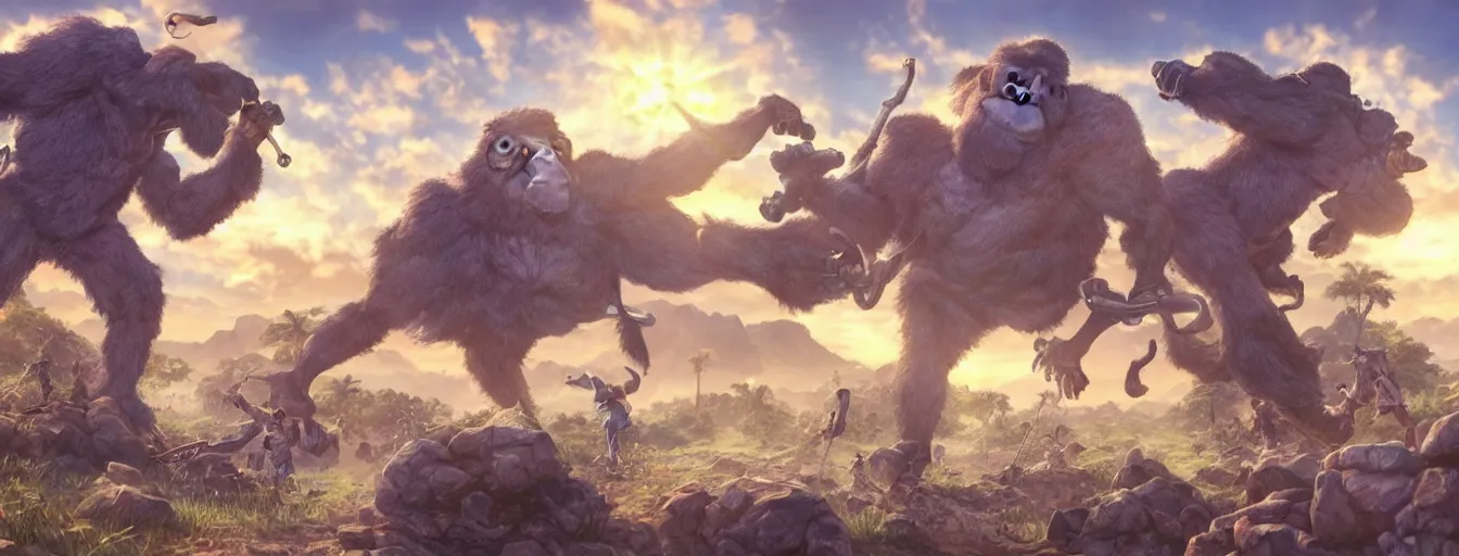 Prompt: a gigantic lanky gorilla throwing firstful of rocks at an incoming calvary. hyperrealistic anime background illustration by kim jung gi, colorful, extremely detailed intricate linework, smooth, super sharp focus, bright colors, high contrast, matte, octopath traveler, unreal engine 5 highly rendered, global illumination, radiant light