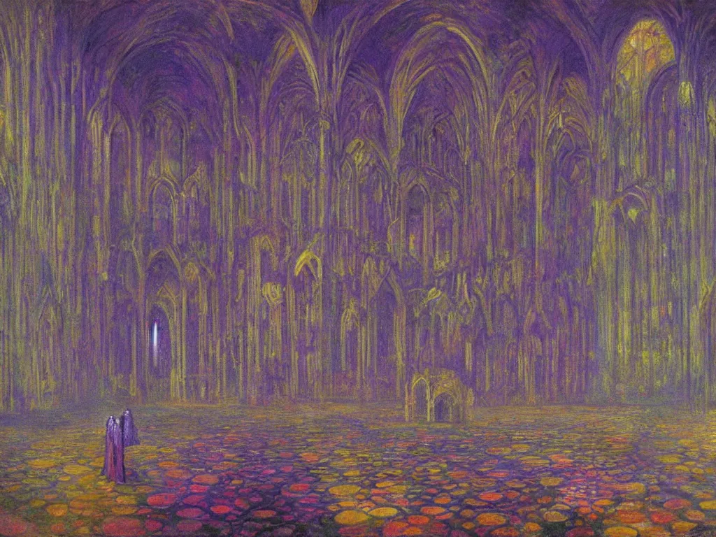 Image similar to gothic deserted cathedral with dream bot mothership psychedelia. monet, matisse, wayne barlowe, agnes pelton, rene magritte