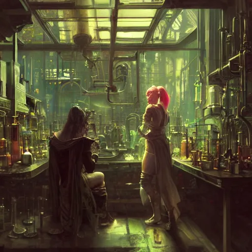 Prompt: cyberpunk alchemy laboratory full of potions, ciri from the witcher it's in the lab. by jeremy mann and alphonse mucha, photo realistic, dynamic lighting, artstation, poster, volumetric lighting, highly detailed faces, 4 k, award winning