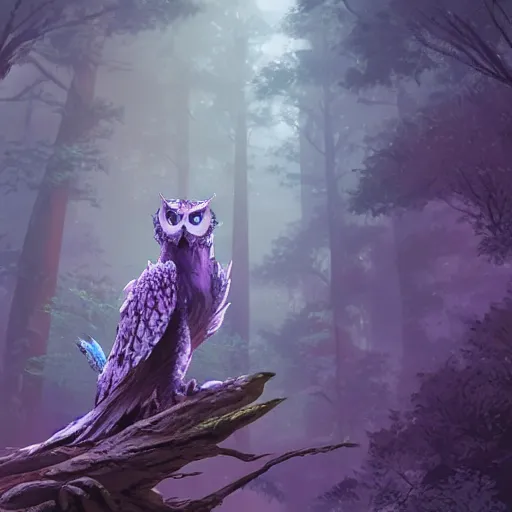 Image similar to concept art painting of an anthropomorphic purple gray dragon owl creature, in the deep forest, realistic, detailed, cel shaded, in the style of makoto shinkai and greg rutkowski and james gurney