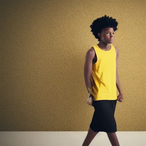 Image similar to black teenage boy with a long nose wearing a white tank top, walking in a nostalgic room with yellow walls and brown carpet