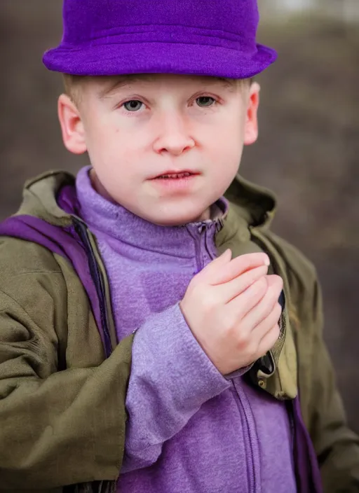 Image similar to portrait photo still of real life young craig tucker wearing a purple hat and purple clothes, 8 k, 8 5 mm, f. 1 4