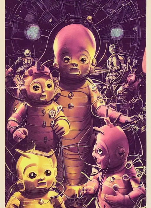 Image similar to teletubbies, grotesque, horror, high details, intricate details, by vincent di fate, artgerm julie bell beeple, 1980s, inking, vintage 80s print, screen print